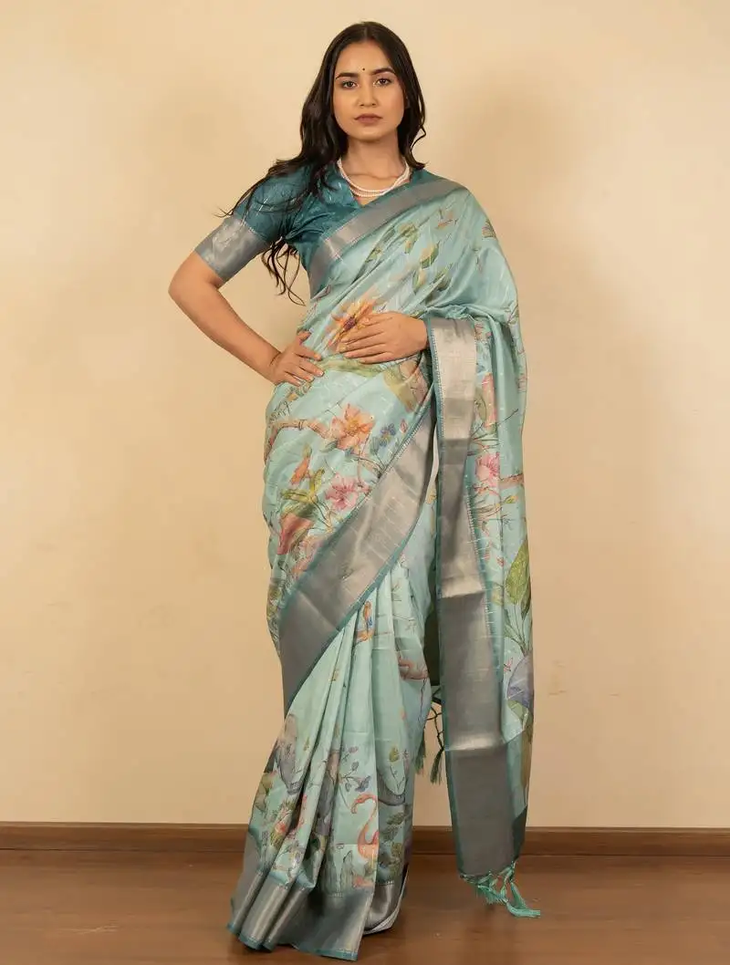 Light sea green cotton silk blend floral print zari woven border saree with unstitched blouse piece
