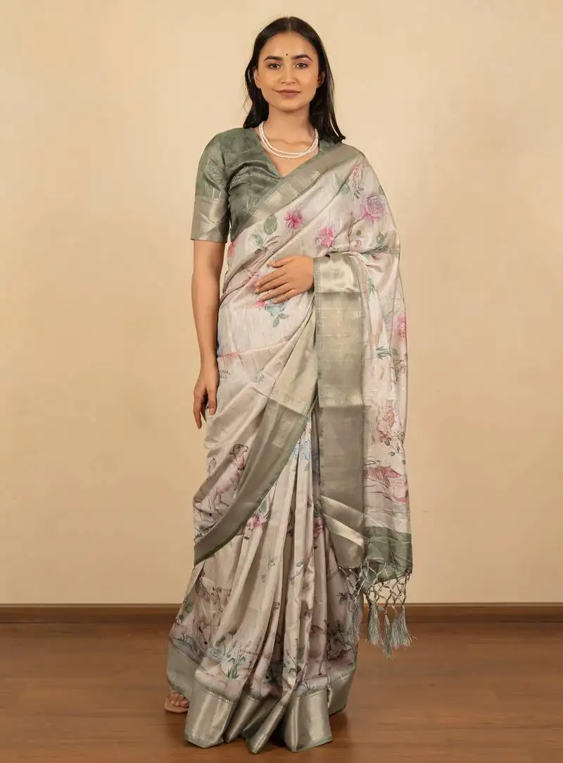 Light beige cotton silk blend floral print zari woven border saree with unstitched blouse piece