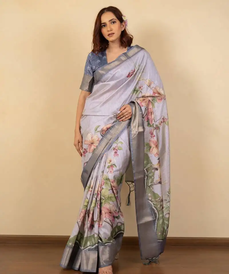 Light lavender cotton silk blend floral print zari woven border saree with unstitched blouse piece