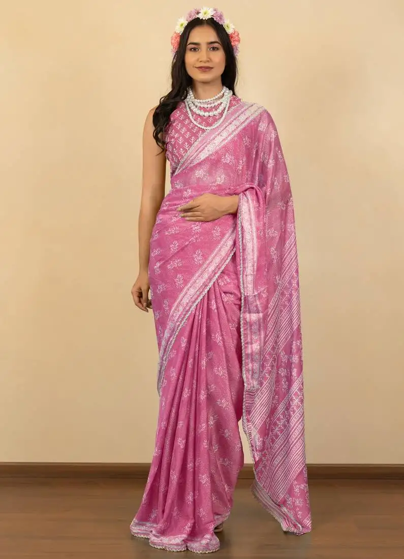 Dusty pink chiffon floral print zari work golden lace saree with unstitched blouse piece