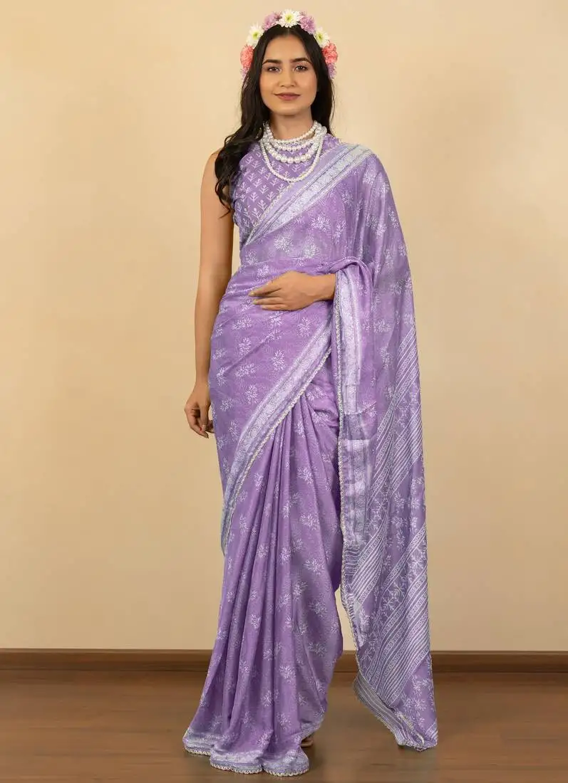 Light purple chiffon floral print zari work golden lace saree with unstitched blouse piece