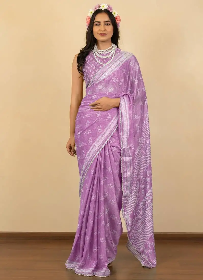 Light lavender chiffon floral print zari work golden lace saree with unstitched blouse piece