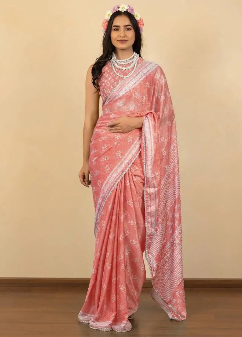 Peach chiffon floral print zari work golden lace saree with unstitched blouse piece