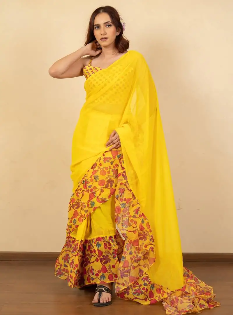 Bright yellow georgette floral printed ready to wear saree with unstitched blouse piece