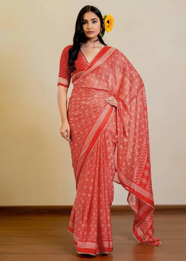 Red chiffon bandhani checks print lace border saree with unstitched blouse piece