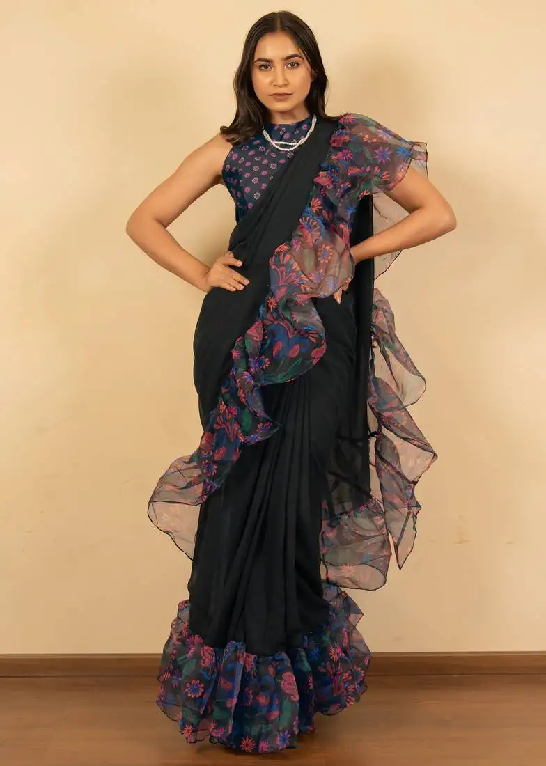 Dark navy blue georgette floral printed ready to wear saree with unstitched blouse piece