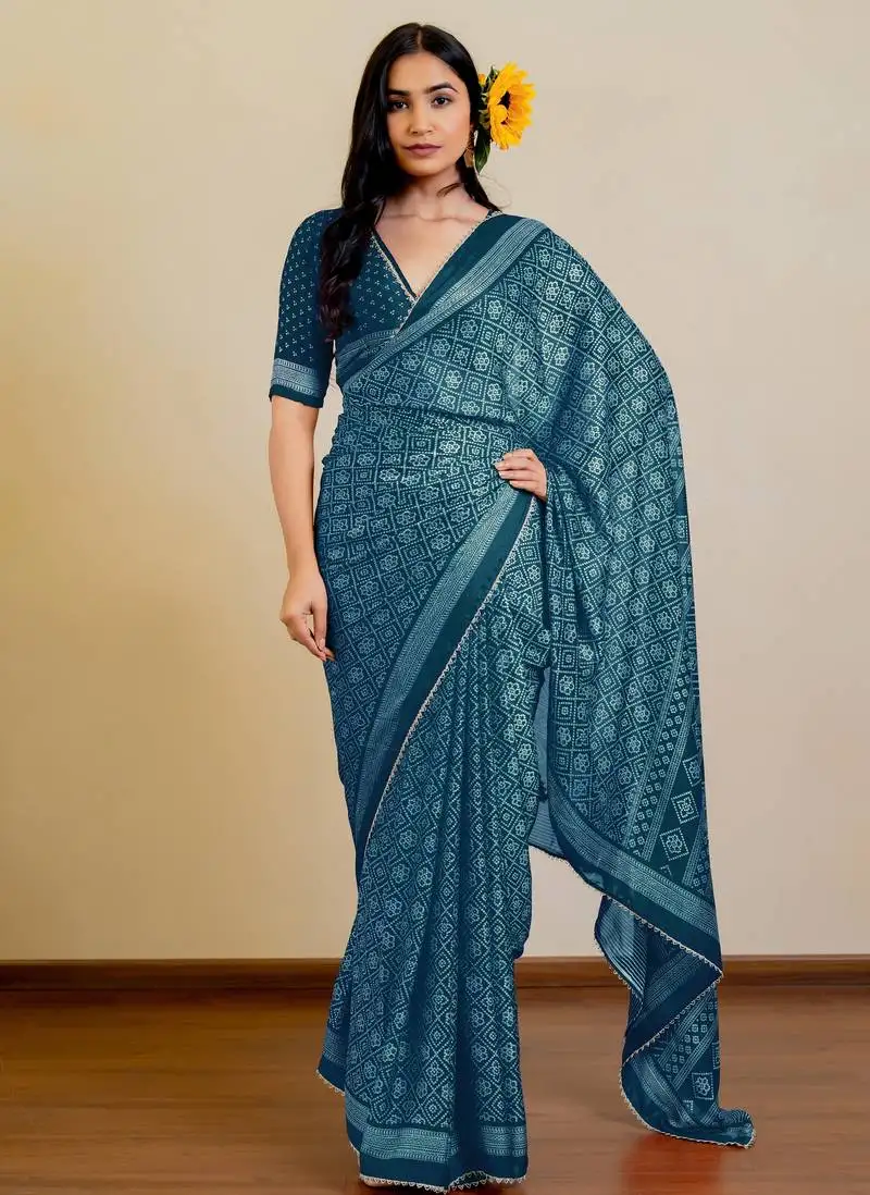 Dark rama blue chiffon bandhani checks print lace border saree with unstitched blouse piece