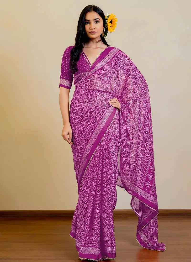 Magenta chiffon bandhani checks print lace border saree with unstitched blouse piece