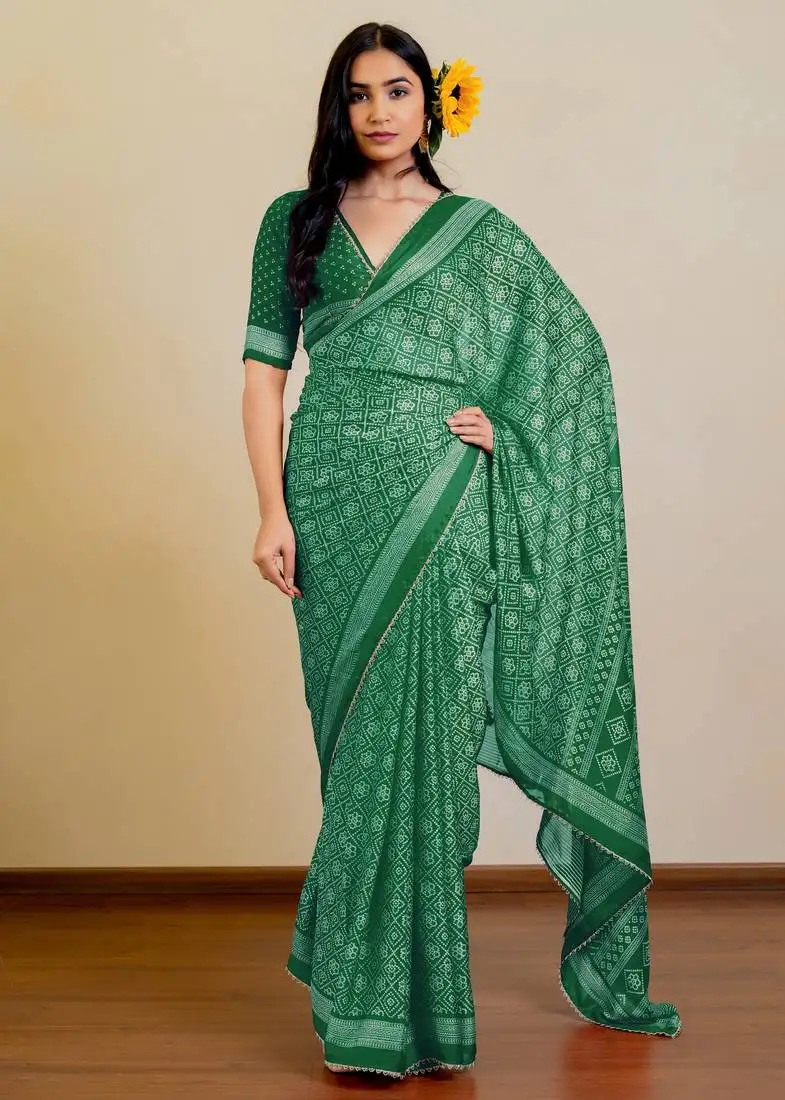 Bottle green chiffon bandhani checks print lace border saree with unstitched blouse piece