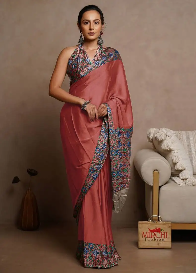 Dusty coral red chiffon solid::Abstract printed saree with unstitched blouse piece