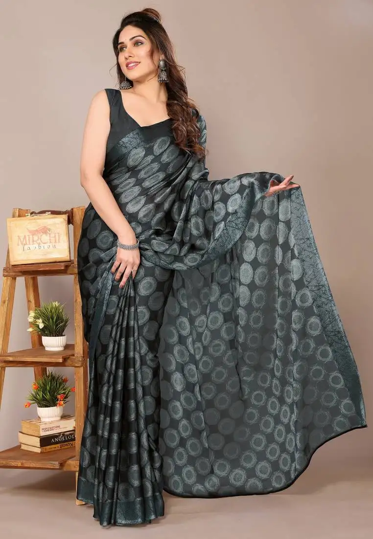 Black chiffon block printed saree with unstitched blouse piece
