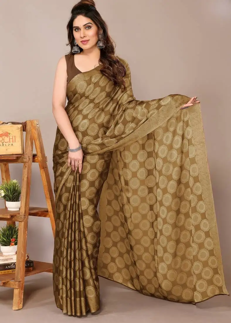 Dark black chiffon block printed saree with unstitched blouse piece