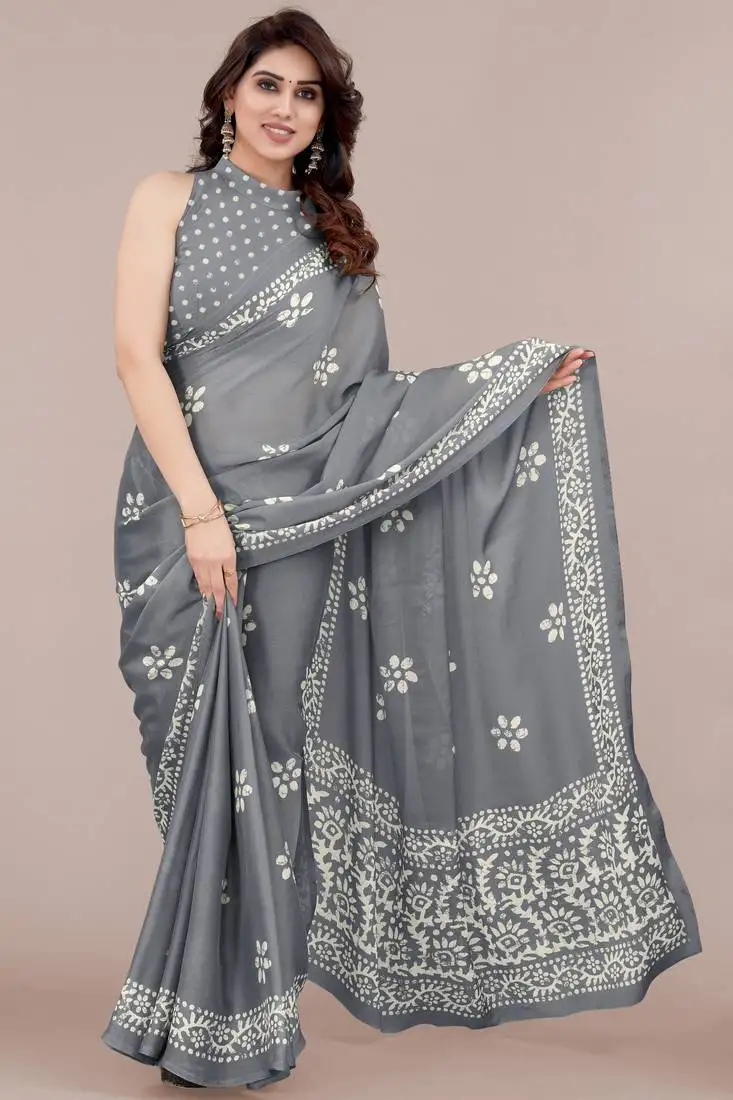 Grey chiffon batik print block printed saree with unstitched blouse piece