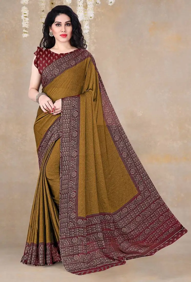 Dark mustard chiffon floral printed saree with unstitched blouse piece