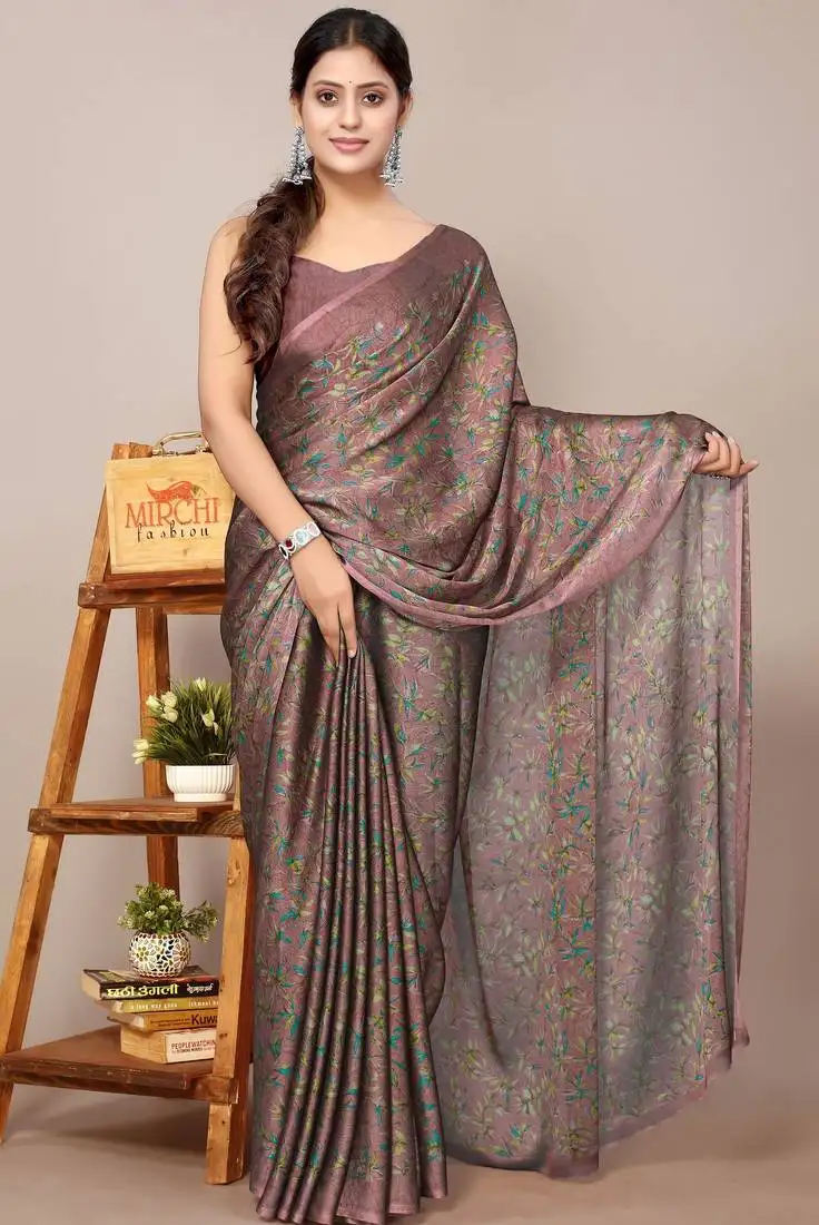 Dark dusty rose pink chiffon floral print plain saree with unstitched blouse piece