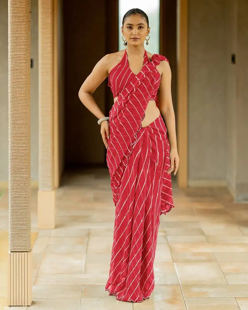 Red georgette stripes print plastic mirror work border saree with unstitched blouse piece