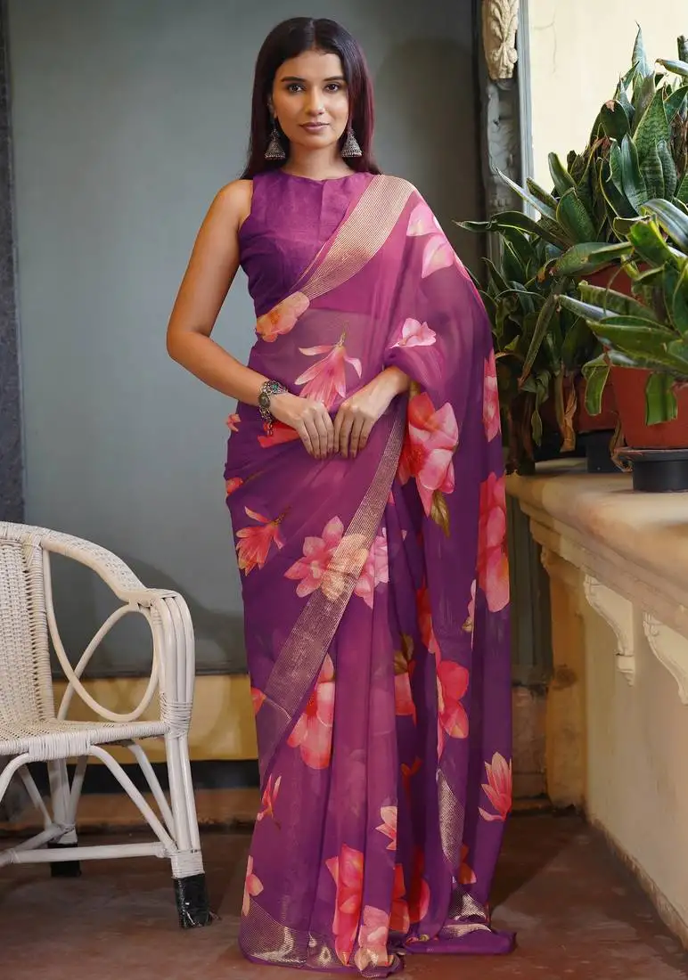 Magenta chiffon floral print golden zari line border saree with unstitched blouse piece