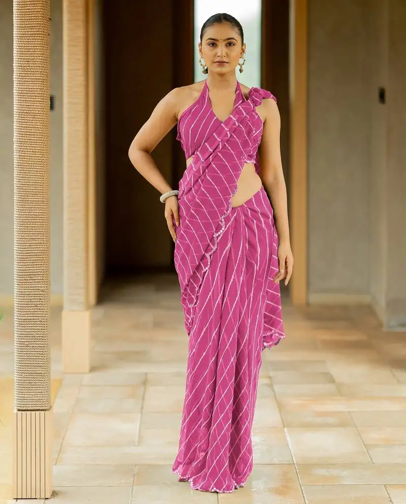 Dark pink georgette stripes print plastic mirror work border saree with unstitched blouse piece