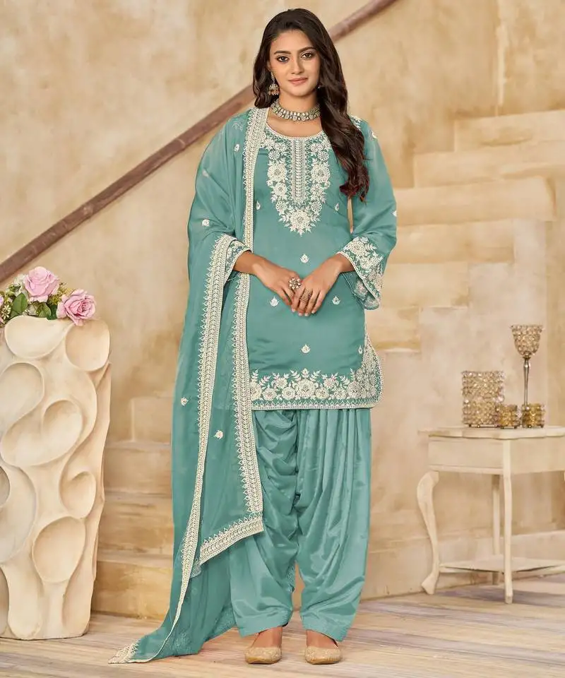 Aqua blue thread embroidered roman art silk semi stitched salwar suit
