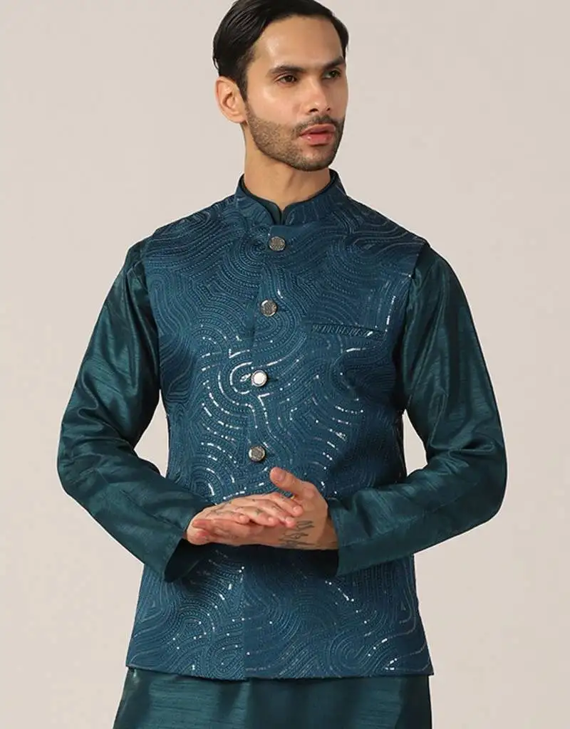 Turquoise cotton silk nehru jacket