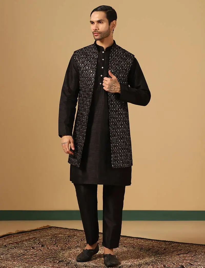 Black embroidered work indowestern set