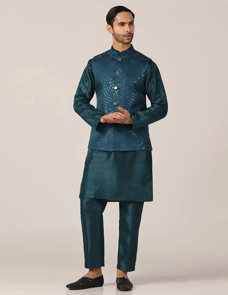 Ocean teal silk kurta pajama with regal jacket