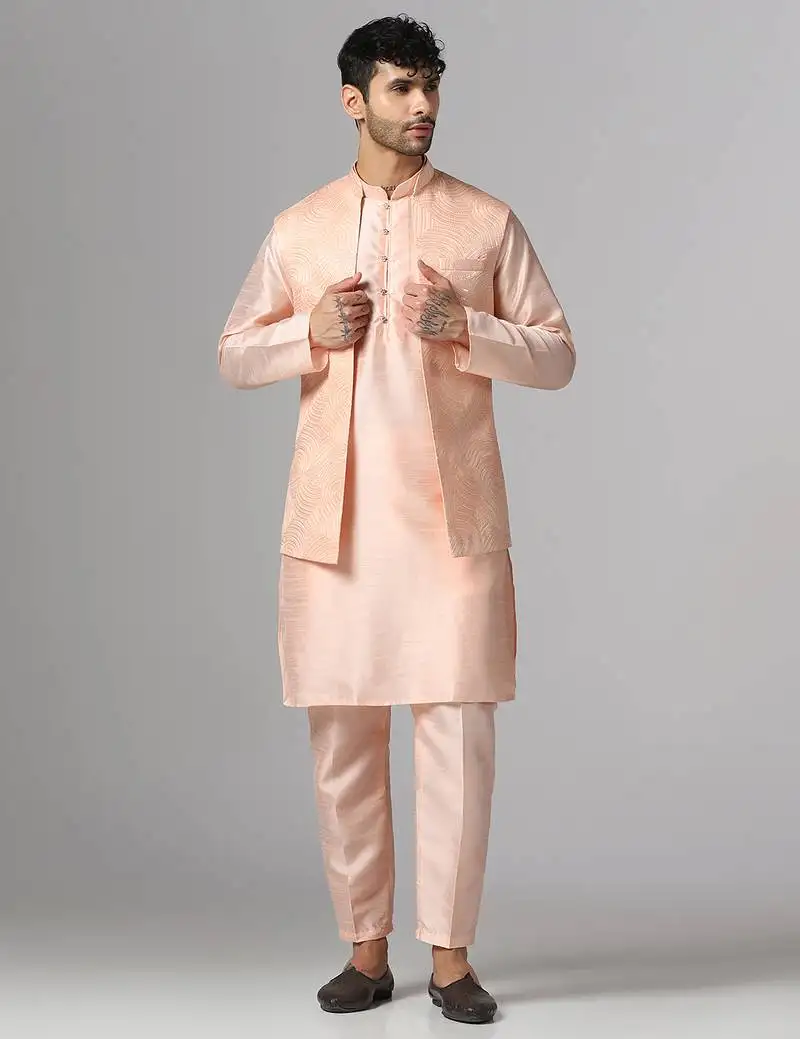 Peach whisper kurta pajama with minimal jacket