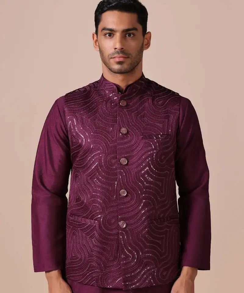 Heritage wine kurta pajama with textured nehru jacket