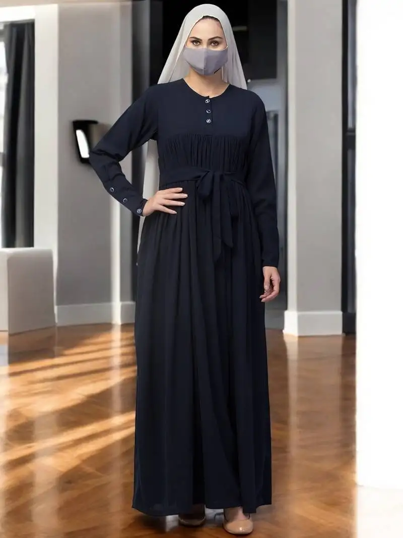 Navy-blue abaya dress with buttons on yoke and sleeves-falls loose from chest