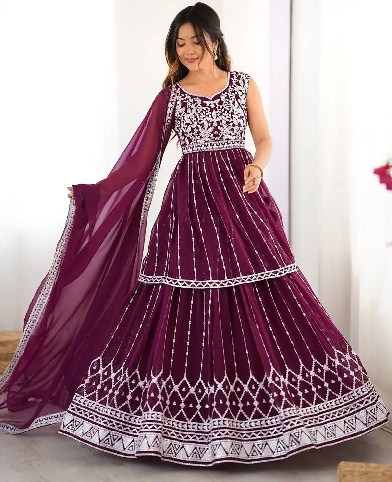 Wine faux georgette sequin embroidered lehenga choli with dupatta
