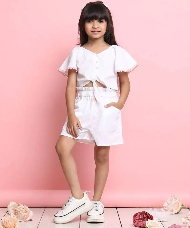 Girls' white co-ord set front-knot top & high-waist shorts
