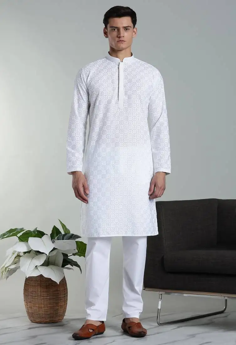 Arruga sylish white multi tone embroidery kurta pyjama set
