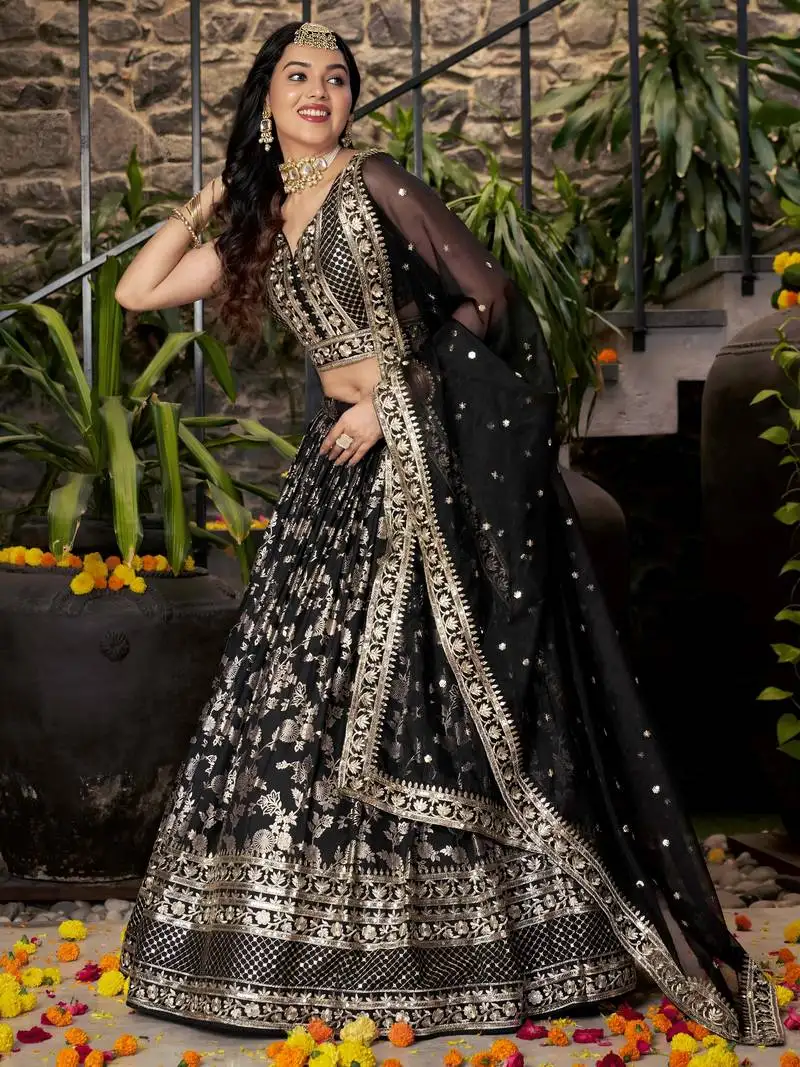 Enchanting black sequin and zari embroidered dola silk jacquard indian designer wedding lehenga dress