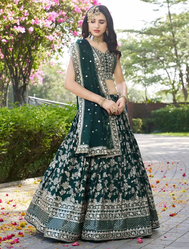 Fabulous green zari and sequinned embroidery work dola silk jacquard designer wedding indian lehenga dress