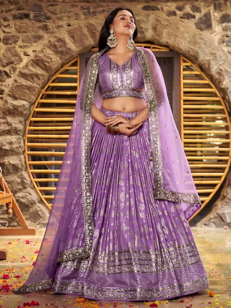 Delightful lavender sequence and zari embroidery work dola silk jacquard wedding designer indian lehenga choli