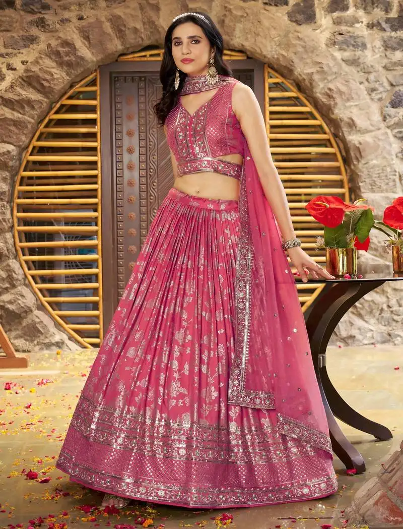 Fantastic peach zari with sequins embroidery work dola silk jacquard designer wedding indian dress lehenga