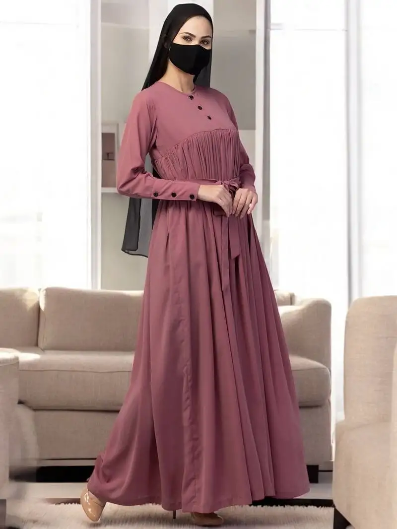 Pink abaya dress with buttons on yoke and sleeves-falls loose from chest