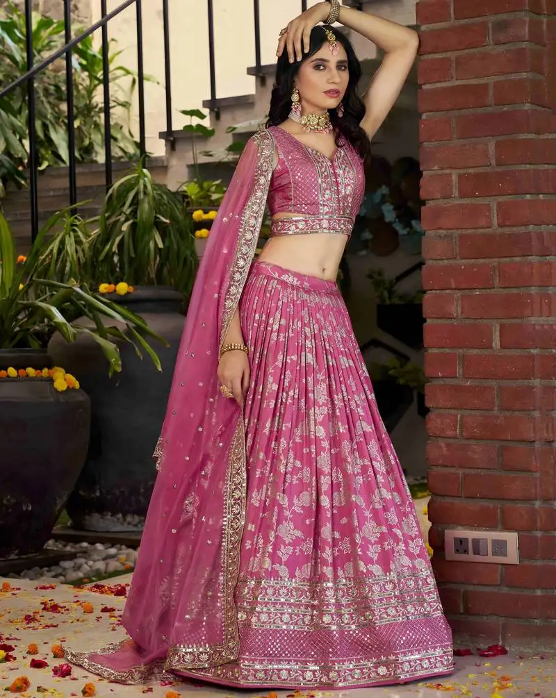 Glamourous pink sequence with zari embroidered dola silk jacquard indian designer latest design lehenga dress