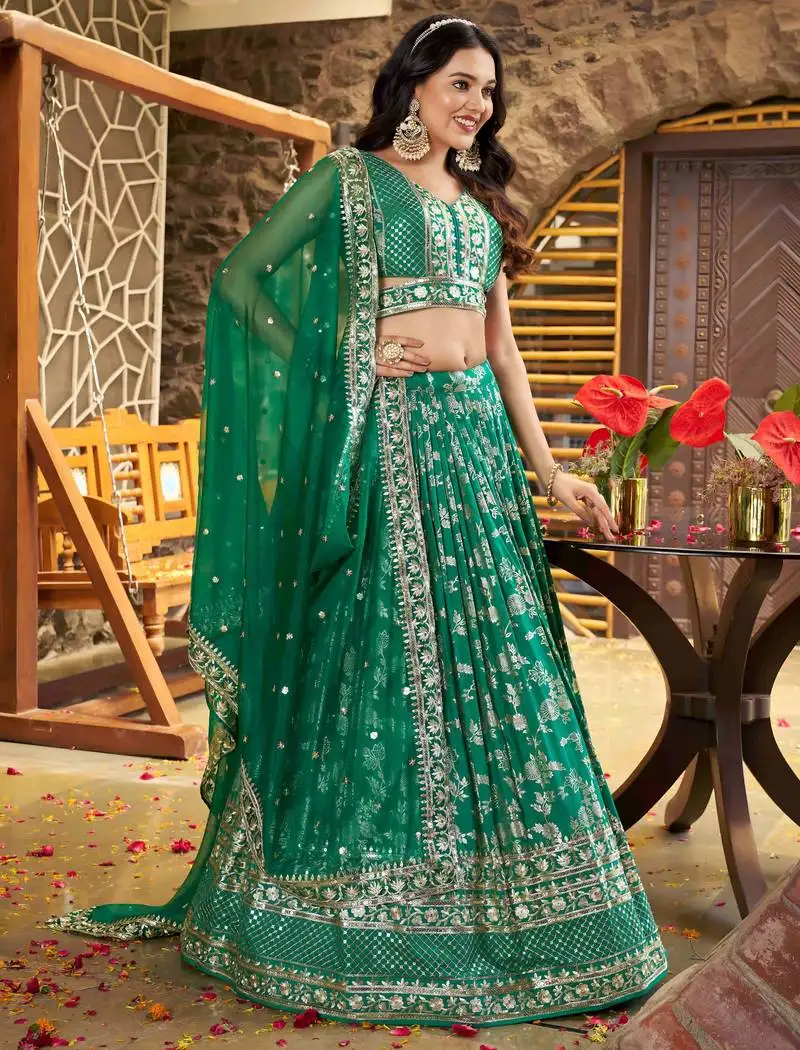 Glamorous rama green zari with sequin embroidered dola silk jacquard indian wedding latest design lehenga choli