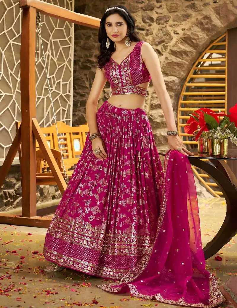 Graceful rani pink sequence embroidery with zari work dola silk jacquard wedding indian latest designer lehenga