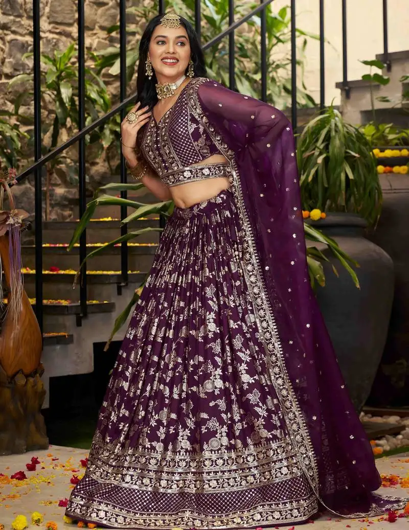 Gorgeous wine embroidery with sequin and zari dola silk jacquard indian designer wedding party wear lehenga