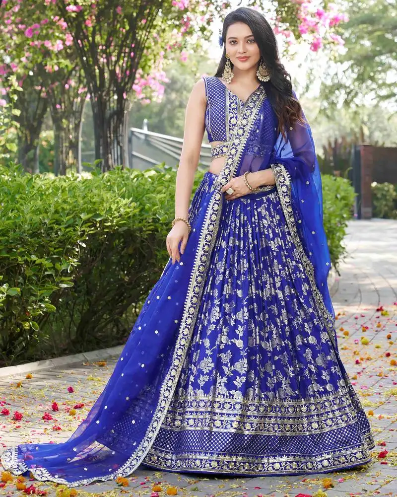 Charming royal blue zari embroidery with sequence work dola silk jacquard indian designer wedding bridal lehenga