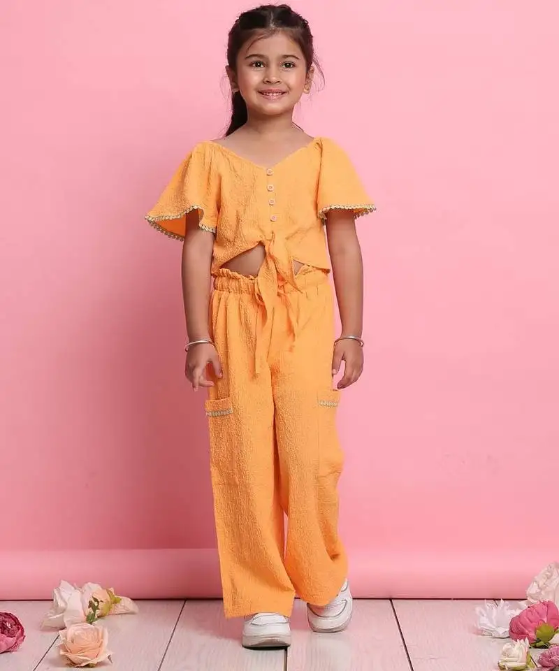 Girls' orange co-ord set front-knot button top & relaxed fit trousers