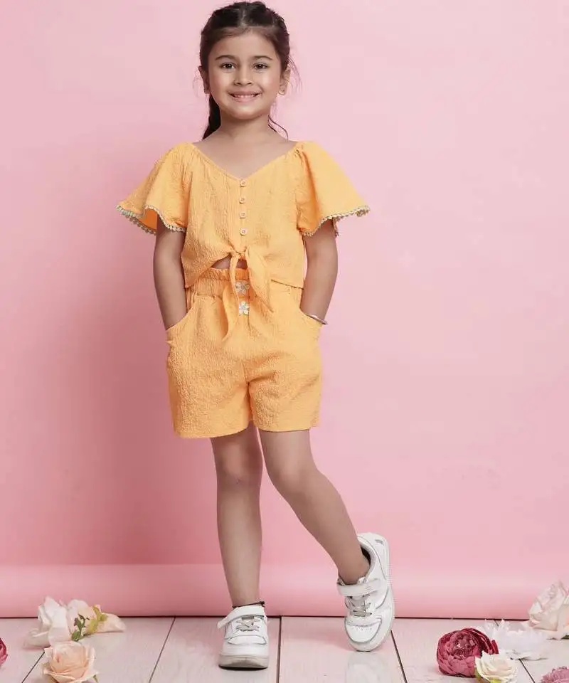 Girls' orange co-ord set front-knot short sleeve top & matching shorts