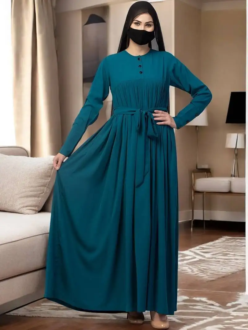 Teal abaya dress with buttons on yoke and sleeves-falls loose from chest