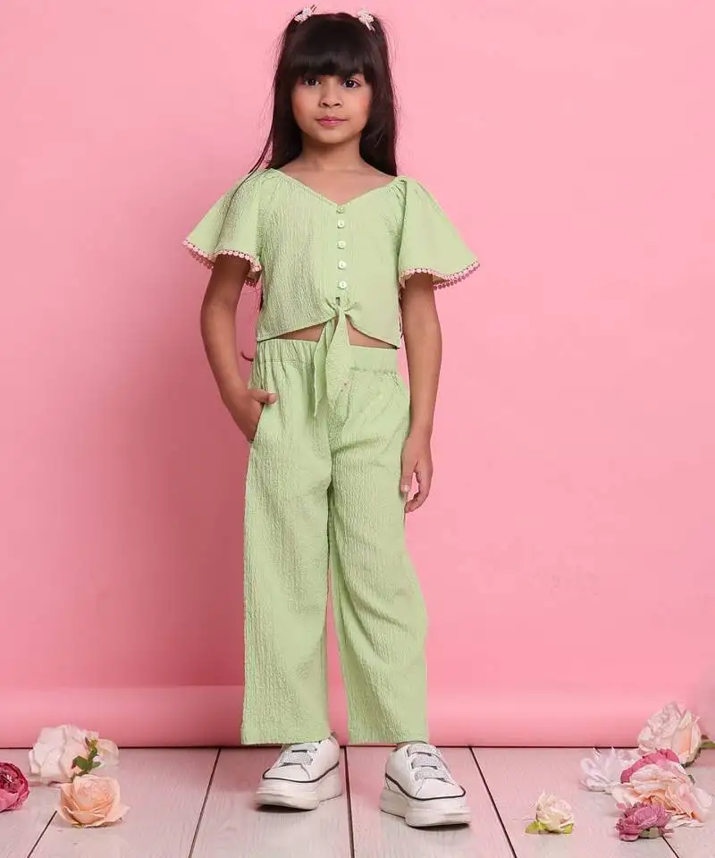 Girls' stylish green co-ord set flared sleeve top & wide-leg pants
