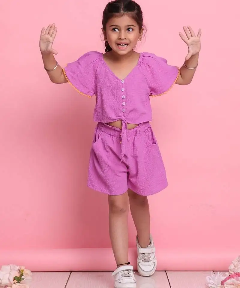 Girls' trendy lilac co-ord set front-knot top & high-waist shorts