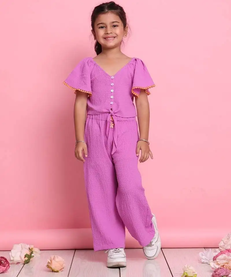 Girls' stylish lilac co-ord set flared sleeve top & wide-leg pants