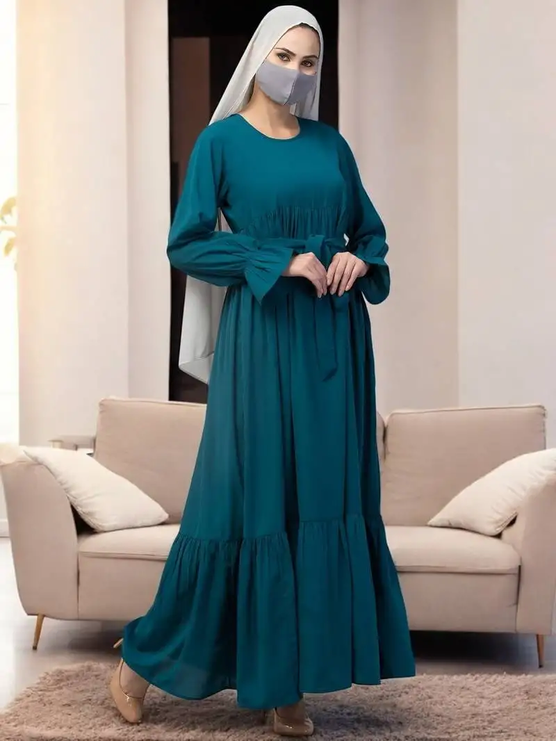 Teal multi layered abaya dress with belt & elasticated bell sleeves