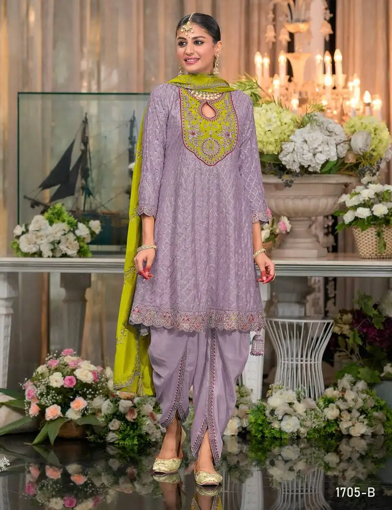 Purple embroidered dhoti wedding suits free size - full stitched